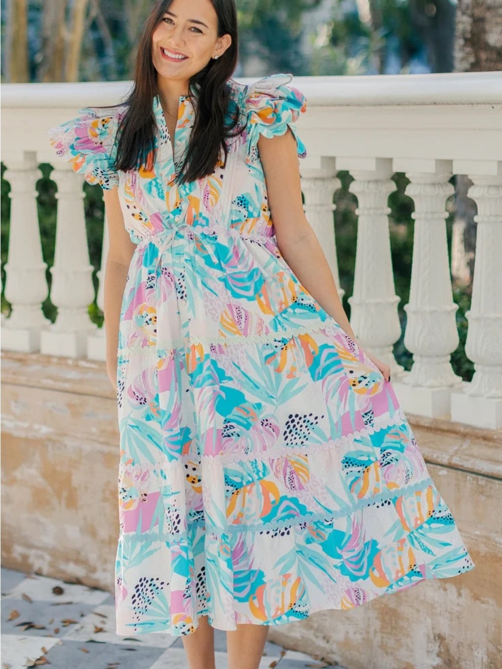 Pastel Aqua Floral Tiered Midi Dress